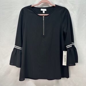 Scapa Lauren Perre Black Bell Sleeve Front Zip Blouse Size S NWT